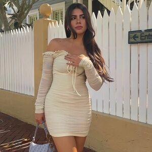 Off white/beige strapless ruched mesh dress